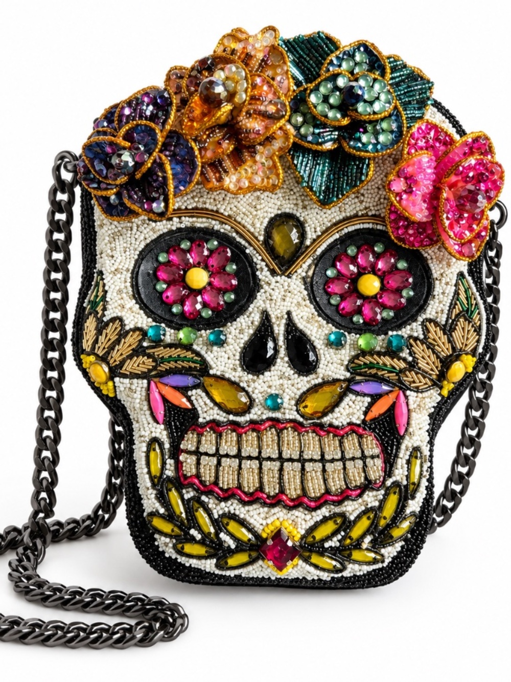 Mary Frances Handmade Beaded Sugar Skull Crossbody Bag